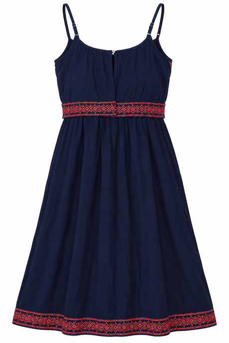 Embroidered Navy Strappy Midi Dress