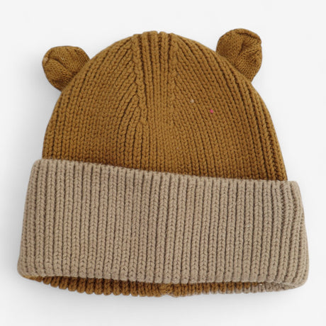 Hat knitted mustard and beige with ears