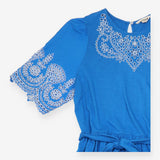 Midi Dress Embroidered Short Sleeve Tie Belt Blue