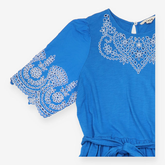Midi Dress Embroidered Short Sleeve Tie Belt Blue