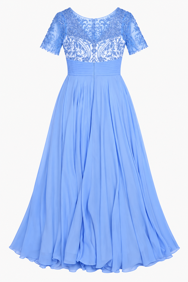Pale Blue Embroidered Beaded Chiffon Maxi Occasion