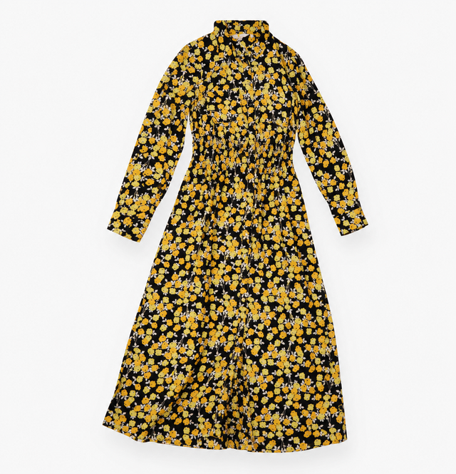 Yellow Floral Long Sleeve Shirt Dress Black