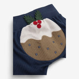 Leggings Blue Ribbed with Christmas Pudding Bottom