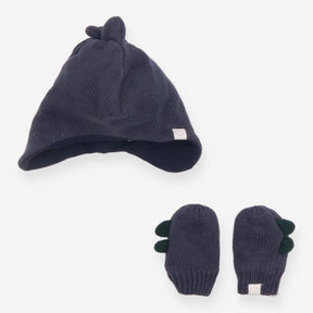 Winter hat and mittens navy blue dino spikes