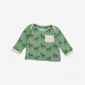 Green long sleeve t shirt with deer print and pock