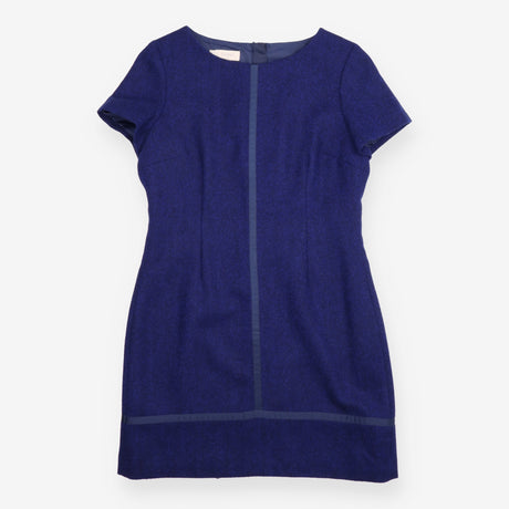 Shift Dress Navy Herringbone Satin Trim Short Slee