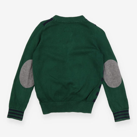 Cardigan green navy striped front grey elbows