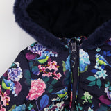 Puffer coat navy blue flowers birds fur collar