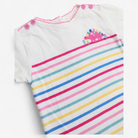 T-Shirt White with Multi Stripes and Pink Dino