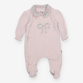 Pink Velour Sleepsuit with Floral Bow