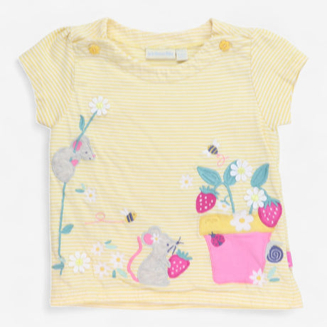 T-shirt Yellow Stripe with Daisies and Mice Appliq