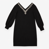 Knit Jumper Dress Beaded Embellished V-Neck Black