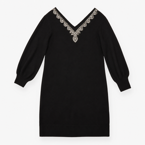 Knit Jumper Dress Beaded Embellished V-Neck Black