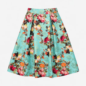 Skirt Turquoise Gold Metallic Floral Jacquard Plea