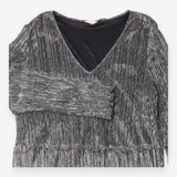 Midi Dress Black Gold Metallic Pleated Tiered V Ne