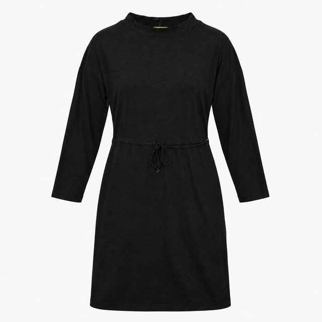 Midi Dress Charcoal Black Drawstring Waist Long Sl