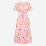 Dress V-Neck Lace Up Waist Floral Print Pink