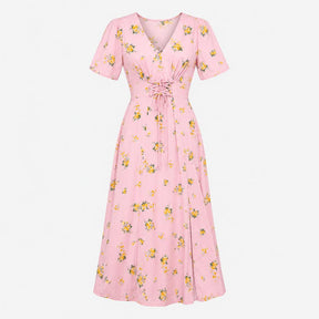 Dress V-Neck Lace Up Waist Floral Print Pink