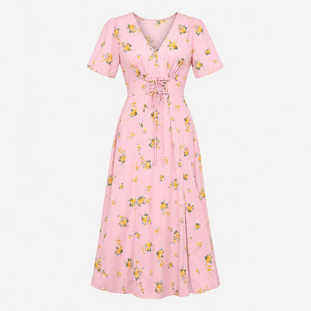 Dress V-Neck Lace Up Waist Floral Print Pink