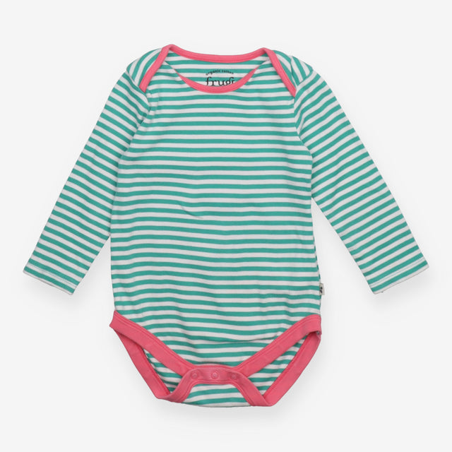 Bodysuit green stripe pink edging LS