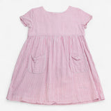 Cotton dress short sleeve white pink stripe pocket