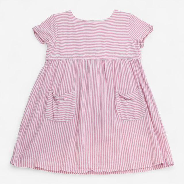 Cotton dress short sleeve white pink stripe pocket