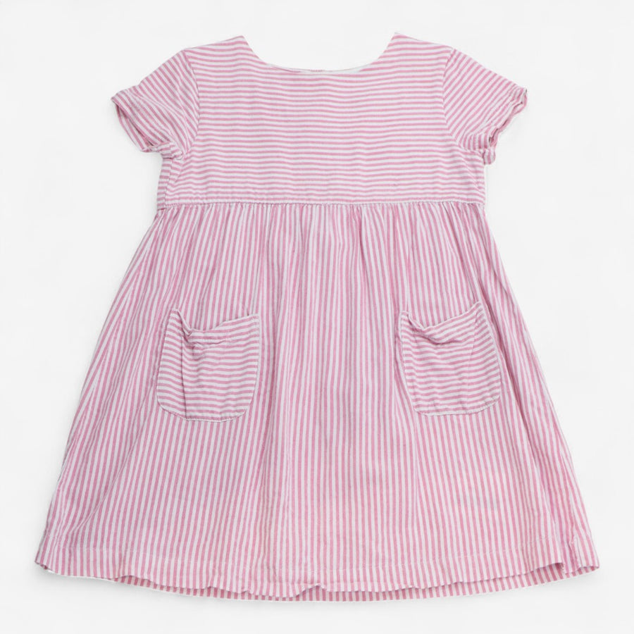 Cotton dress short sleeve white pink stripe pocket