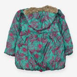 Puffer Coat green pink outline flowers fur hood