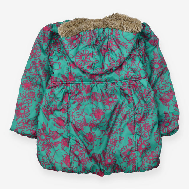 Puffer Coat green pink outline flowers fur hood
