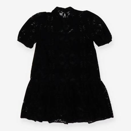 Black velour lace midi dress puff sleeve
