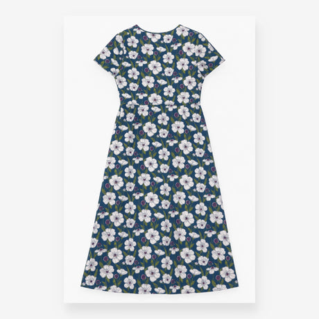 Midi Dress Blue Floral Mock Wrap Cotton Jersey