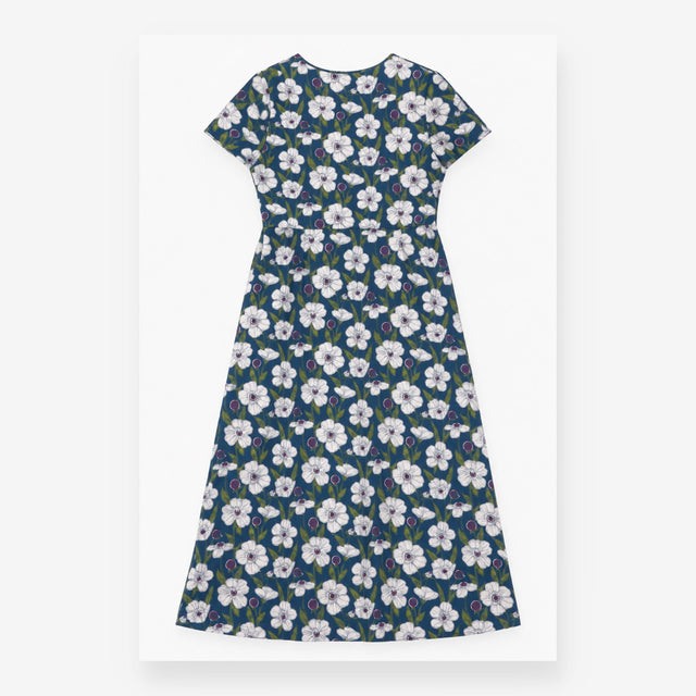 Midi Dress Blue Floral Mock Wrap Cotton Jersey