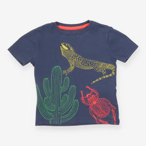 Tee blue with cactus, lizard and beetle embroidere