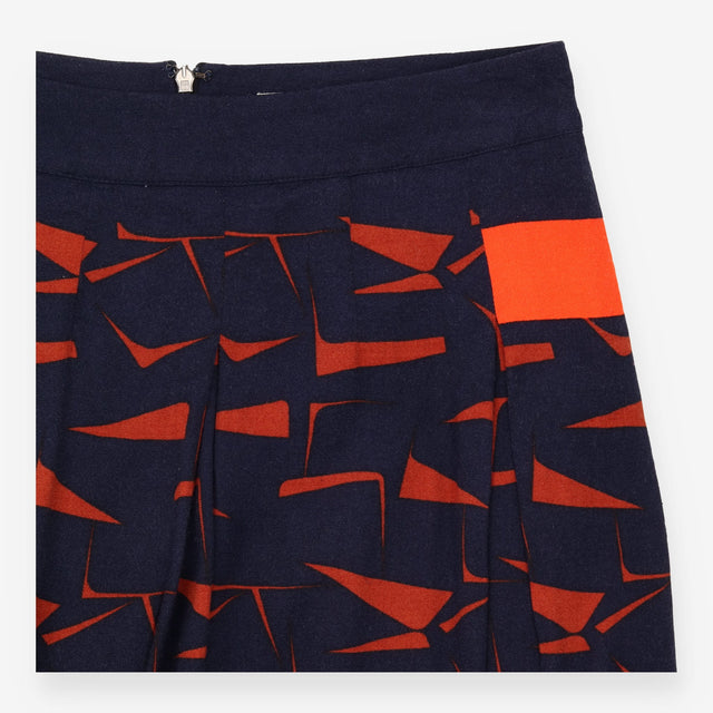 Navy Blue Rust Red Geometric Print Border Hem Midi