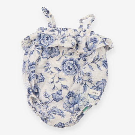 Romper white linen blue flowers