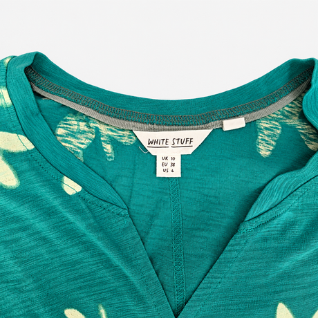 T-Shirt Teal Green Cream Floral Print Notch Neck S