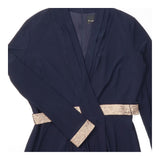 Maxi Dress Navy Gold Trim Wrap Front Long Sleeve