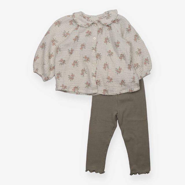 Waffle Shirt light green with flowers with ribbed 