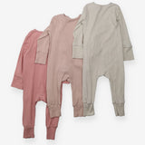 Sleepsuits zip 3pc ribbed fawn light and dark pink