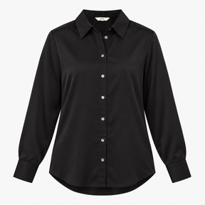Shirt Black Satin Collared Long Sleeve Button Thro