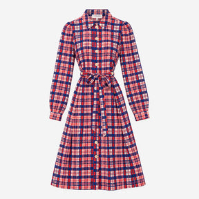 Dress 100% Silk Plaid Shirt Belted Midi Blue Pink