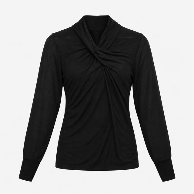 Top Black Mesh Long Sleeve Mock Neck Twist Front