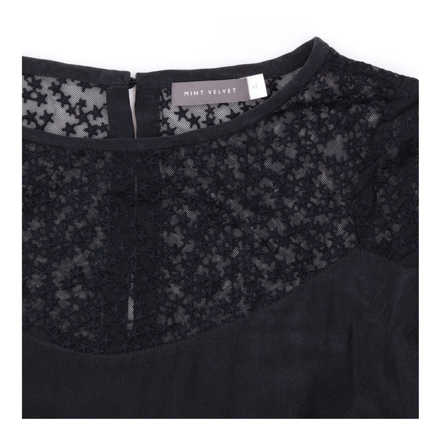 Silk Blouse Black Star Lace Yoke Short Sleeve