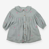 Collared Dress Green - Embroidered Floral Pattern