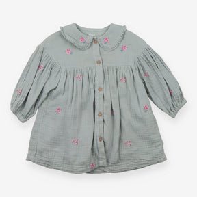 Collared Dress Green - Embroidered Floral Pattern
