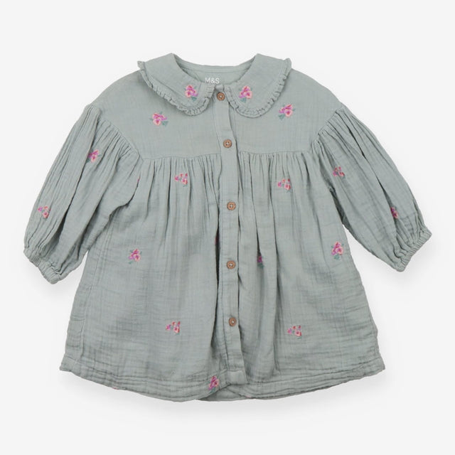 Collared Dress Green - Embroidered Floral Pattern