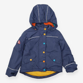 Blue winter coat with colourful buttons 
