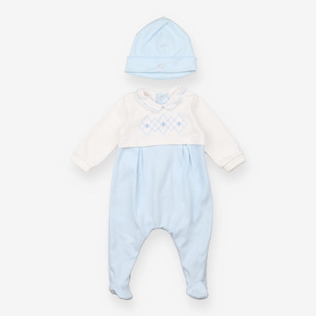 Outfit sleepsuit and hat blue and white embordered