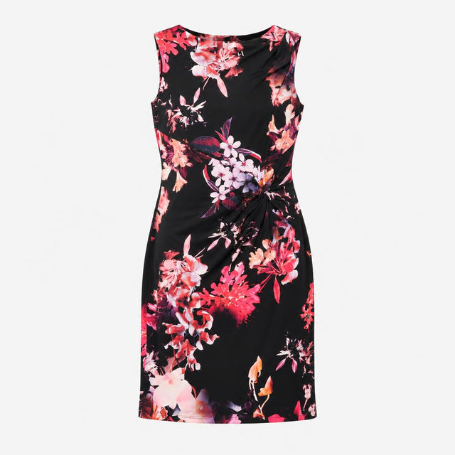 Dress Black Pink Floral Sleeveless Ruched Waist