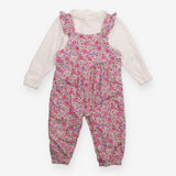 Dungaree set  pink floral cord and white long slee